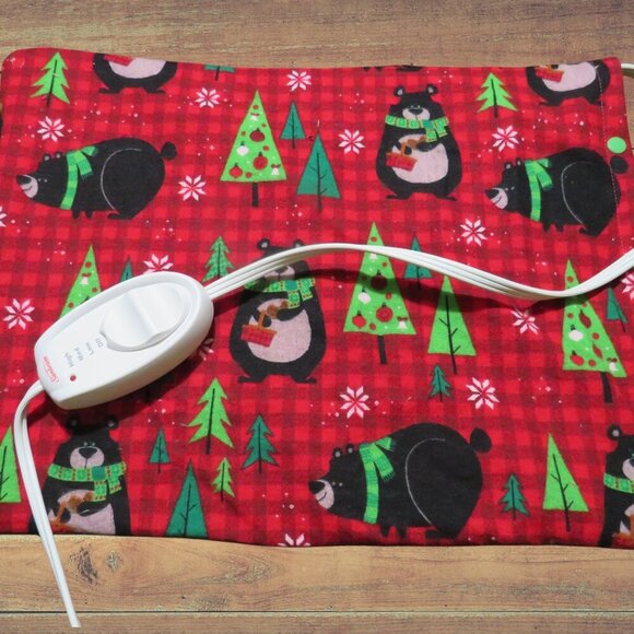 Heating Pad Cover, 12 x 15, Soft Red Plaid Flannel With Bears, 3 Snap Closure - Picture 1 of 4